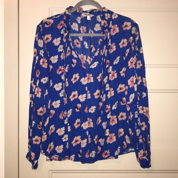 Lucky Brand Royal Blue And Pink Floral Blouse - Picture 1 of 5